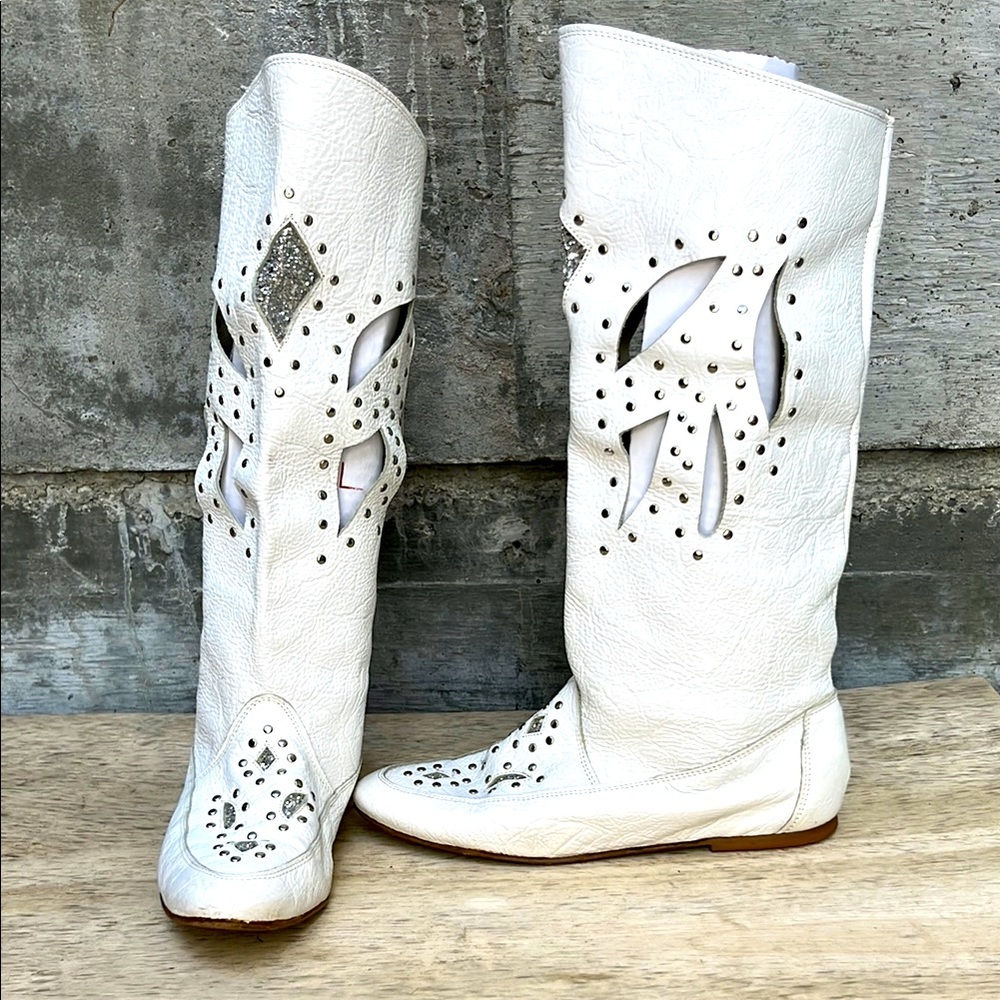 White Over-the-Knee Cutout & Stud Leather Boots — Women's